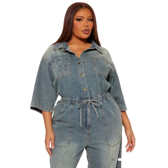 New Fashion Nova Women Diana Medium Washed Denim Wide Leg Jumpsuit size XL - Picture 3 of 12